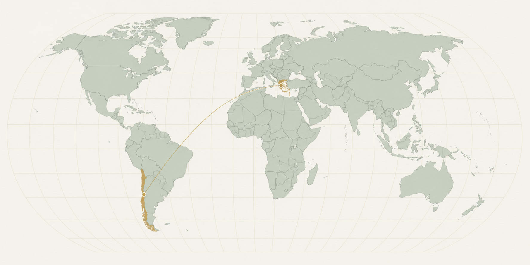 World map highlighting Greece and Chile in gold, linked across the Atlantic, with other countries in soft sage green.